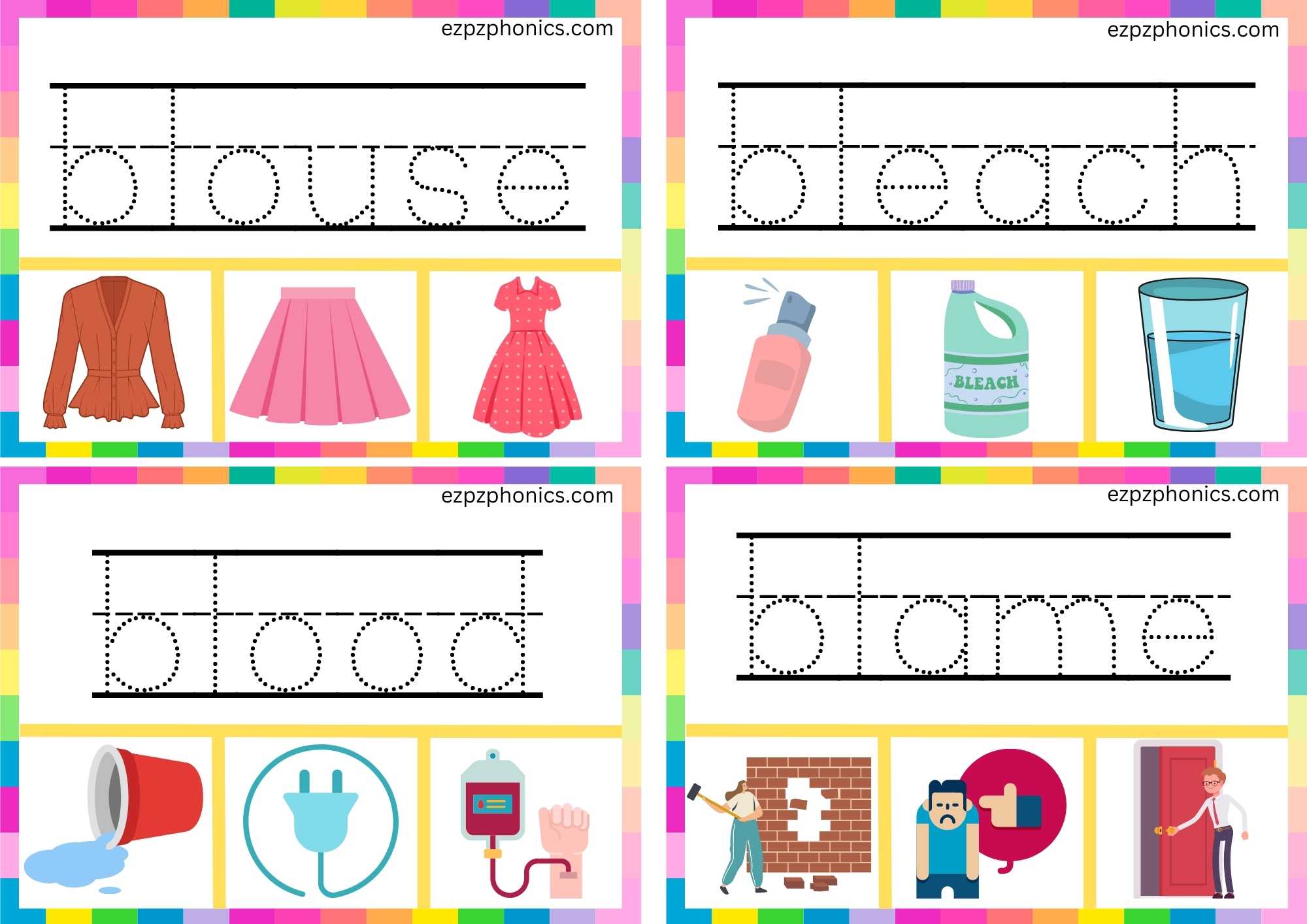 BL Beginning Blends Clip Cards Trace The Words And Clip The Correct Images Set 2